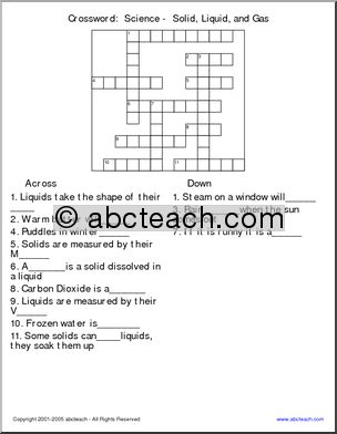 Crossword:  Science –  Solid, Liquid, and Gas