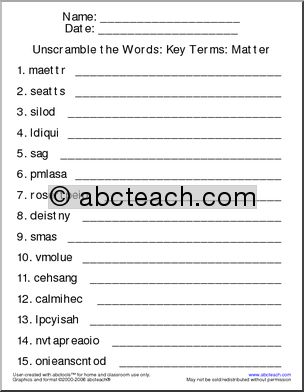 Unscramble the Words: Matter (upper elem)