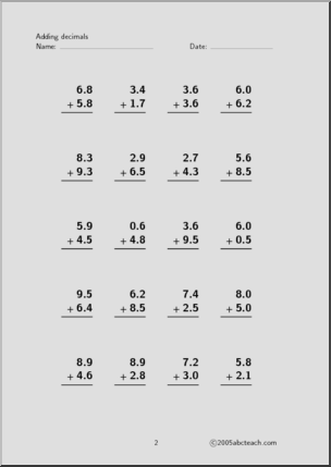 Decimal Addition -up to 20 (set 3) Worksheet