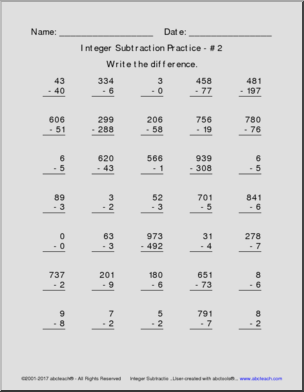 Integer Subtraction Practice Pack (all positive integers)