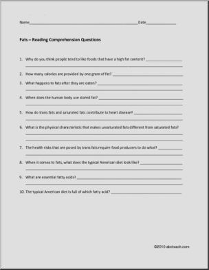 Comprehension: Nutrition; Fats-The Good, The Bad, The Necessary (upper elem/middle)